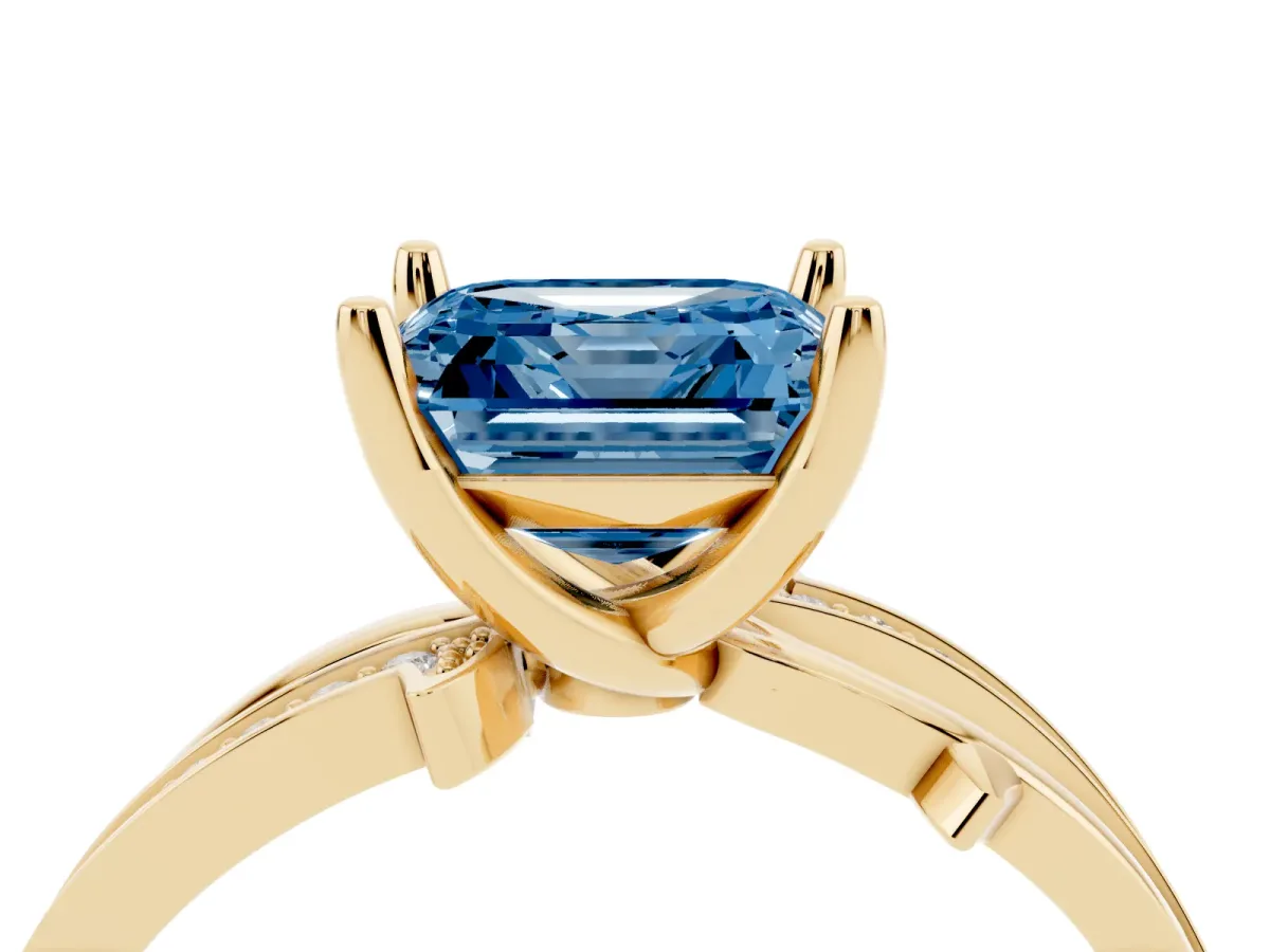 Fancy Blue Asscher Cut Solitaire Twist Band with Pavé Accents and Four-Prong Setting Yellow gold
