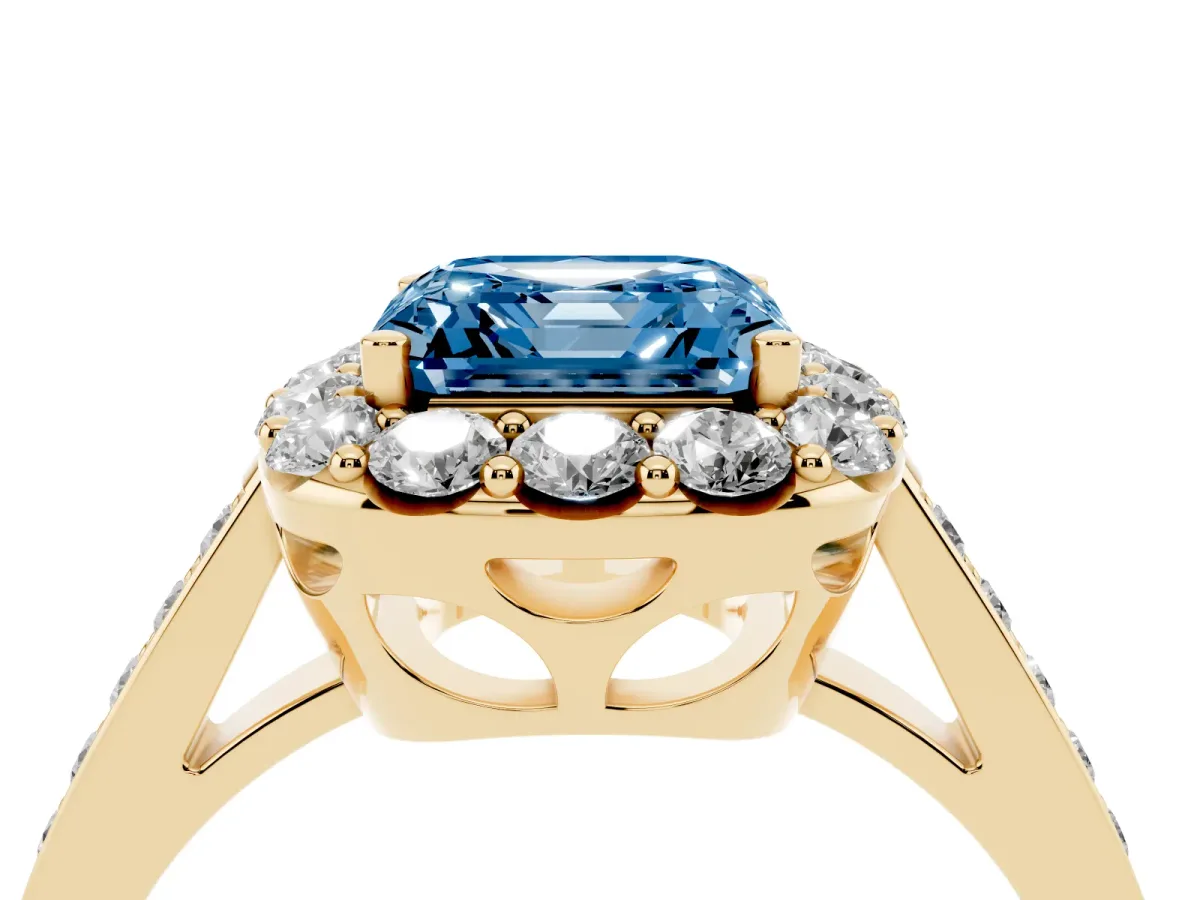 Fancy Blue Asscher Cut Diamond Floral Halo Ring with Pavé Band and Prong Setting Yellow gold
