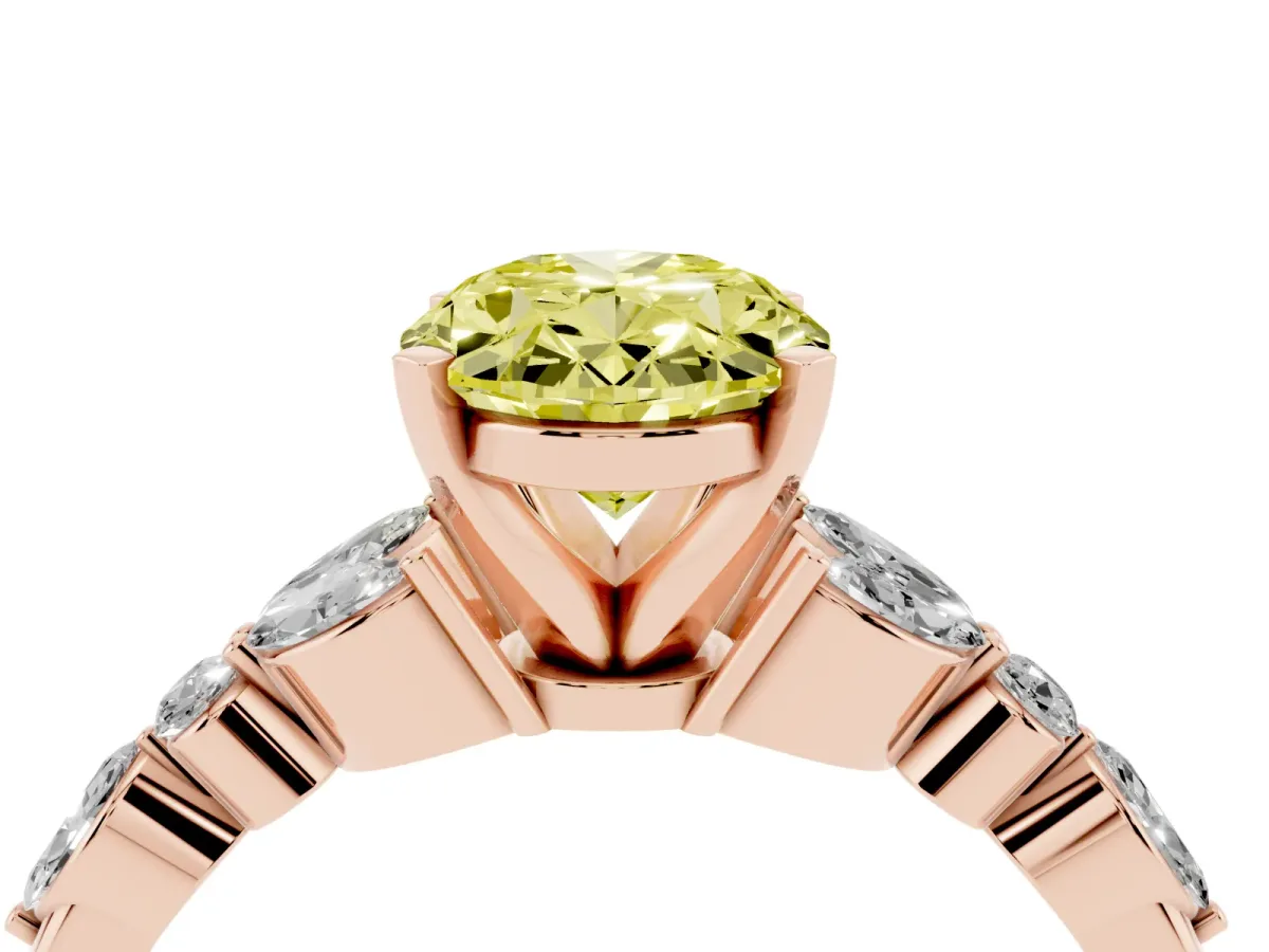 Fancy Yellow Oval Cut Diamond Solitaire Ring with Side Stones and Four-Prong Setting Rose gold
