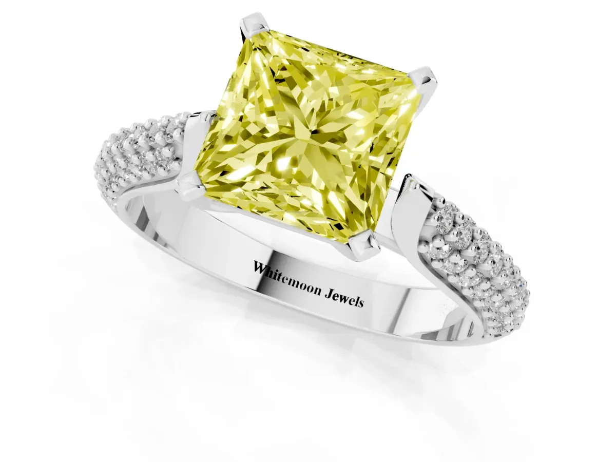 Fancy Yellow Princess Cut Diamond Solitaire Engagement Ring with Multi-Row Round Pavé Band and Prong Setting White gold