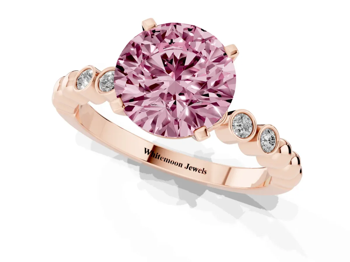 Fancy Pink Round Cut Solitaire Bezel Accent Diamond Engagement Ring with Beaded Band and Four-Prong Setting Rose gold