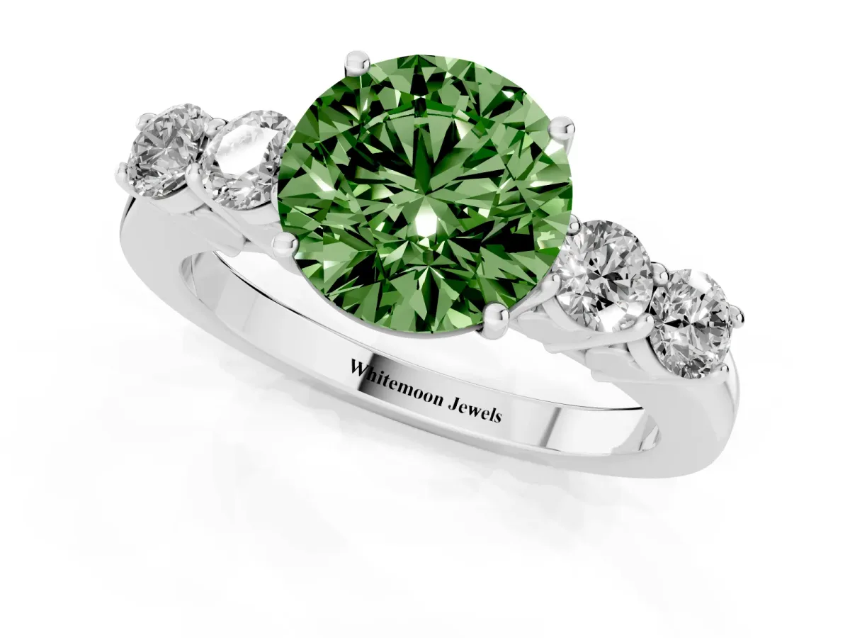 Fancy Green Round Cut Cut Diamond Five-Stone Prong Set White Gold Ring Silver