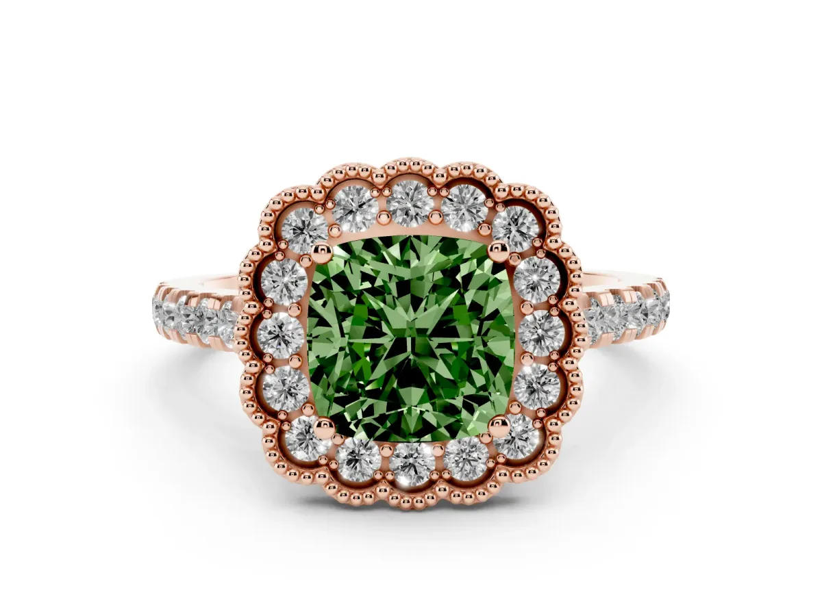 Fancy Green Cushion Cut Cut Diamond Milgrain Floral Halo Engagement Ring with Pavé Band Rose gold