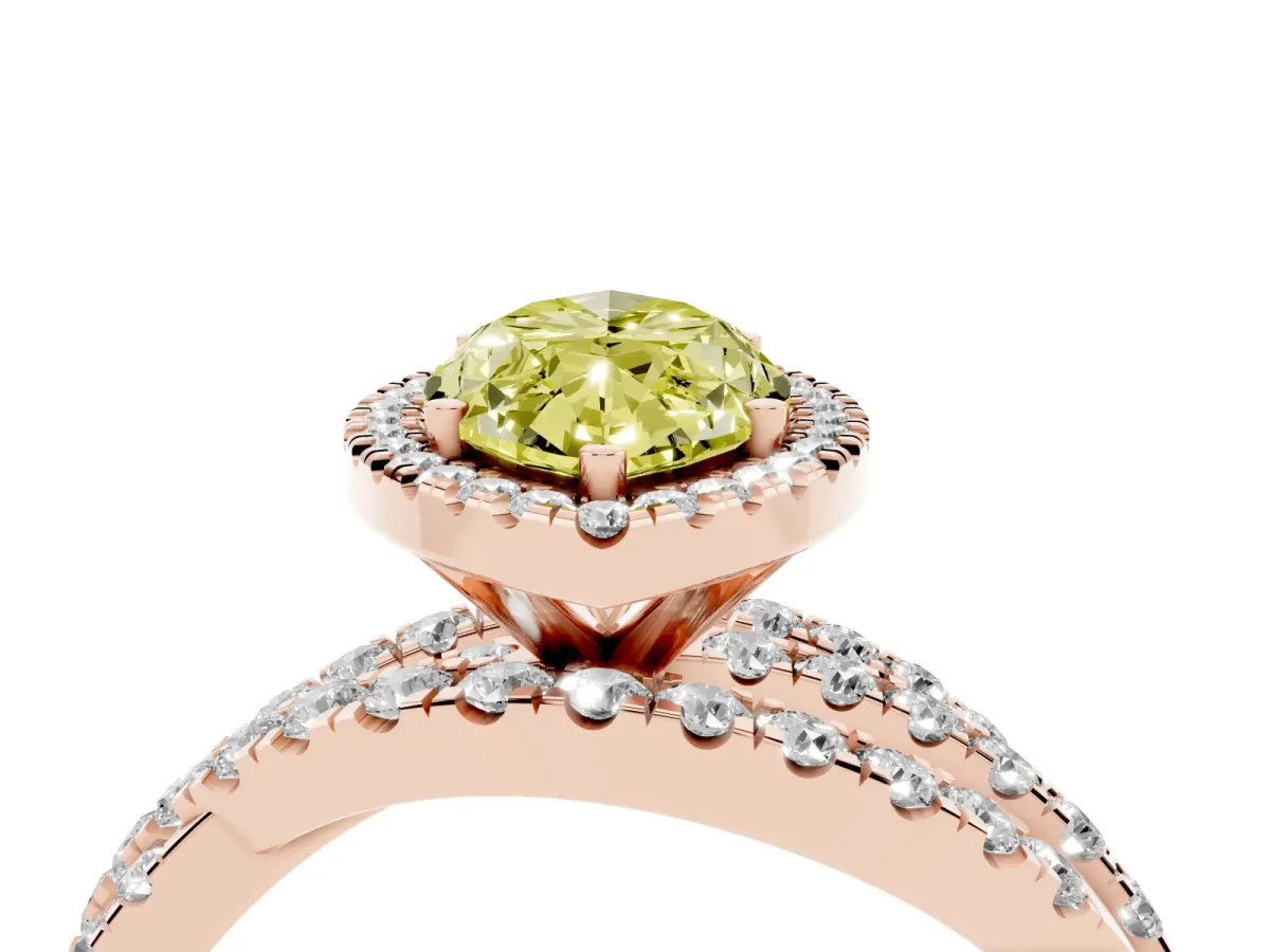 Fancy Yellow Marquise Cut Diamond Halo Ring with Round Split Shank and Prong Setting Rose gold