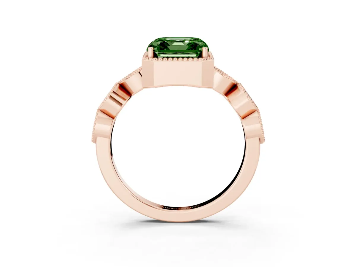 Fancy Green Asscher Cut Diamond Vintage Milgrain Ring with Round Stations Rose gold