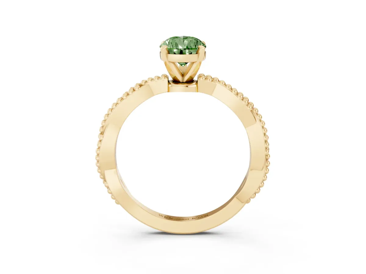 Fancy Green Pear Cut Solitaire Twisted Band with Bead Prong Setting Yellow gold