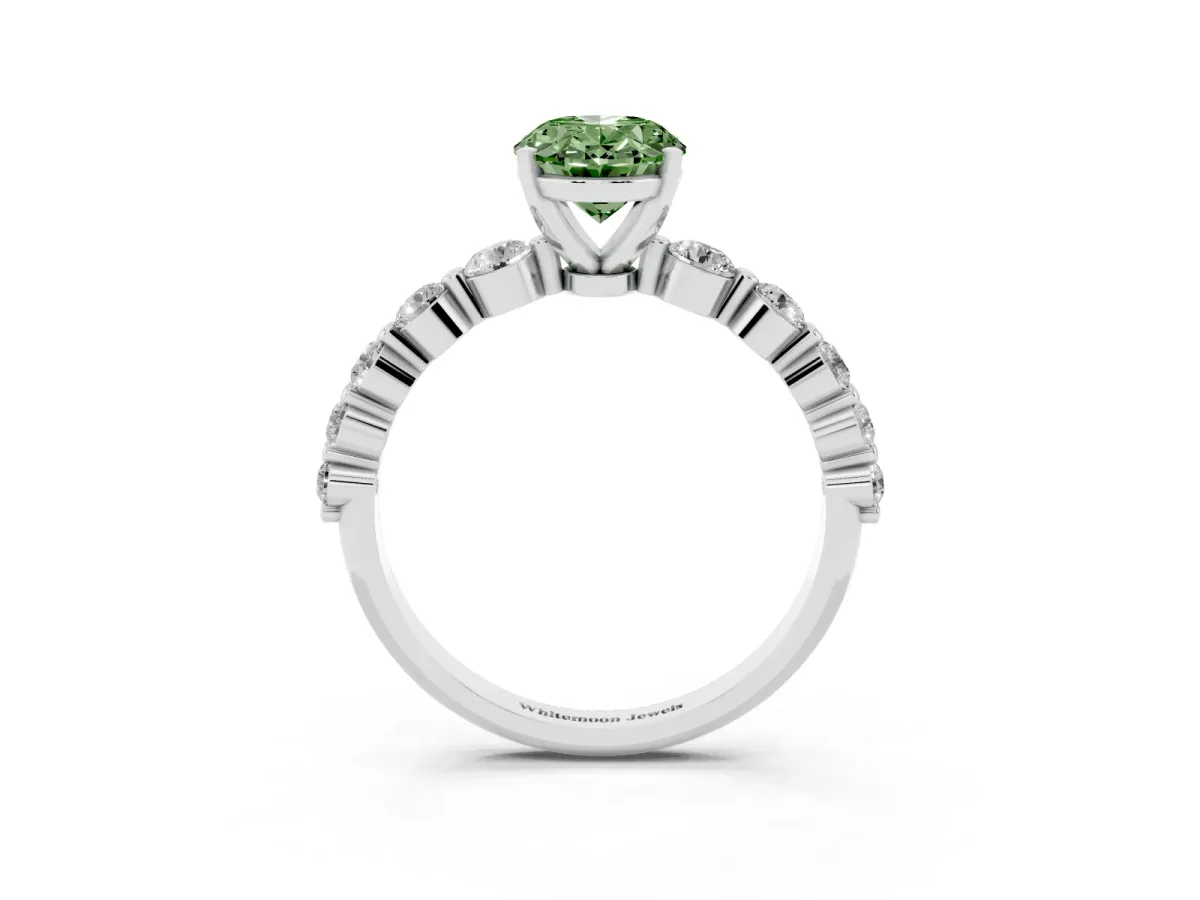 Fancy Green Oval Cut Solitaire Diamond Ring with Pave Band and Four-Prong Setting Silver