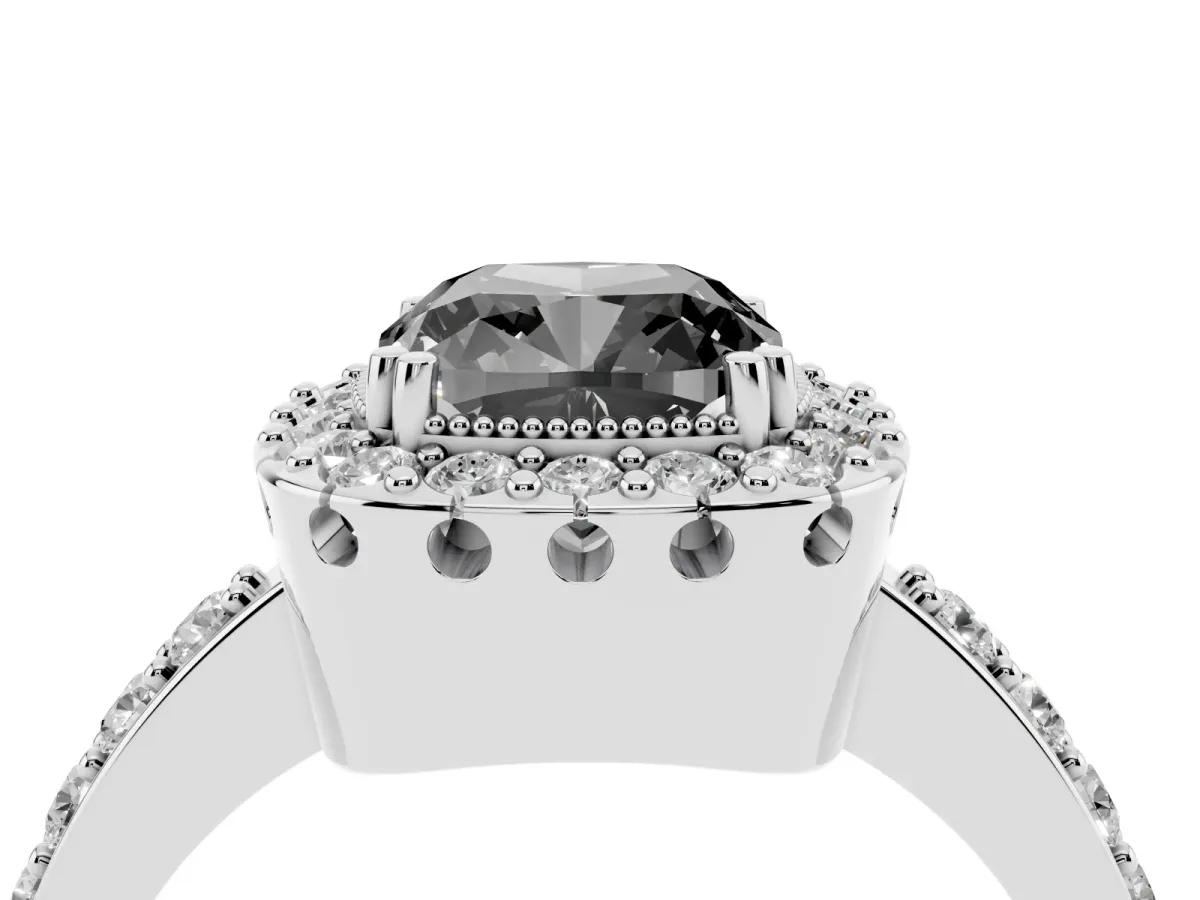 Fancy Black Cushion Cut Diamond Halo Ring with Pavé Band and Prong Setting Silver