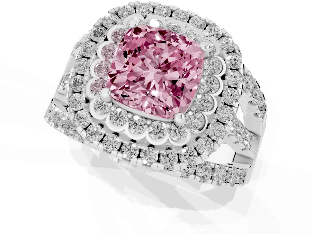 Fancy Pink Cushion Cut Diamond Double Halo Ring with Round Pavé Split Shank and Prong Setting Silver