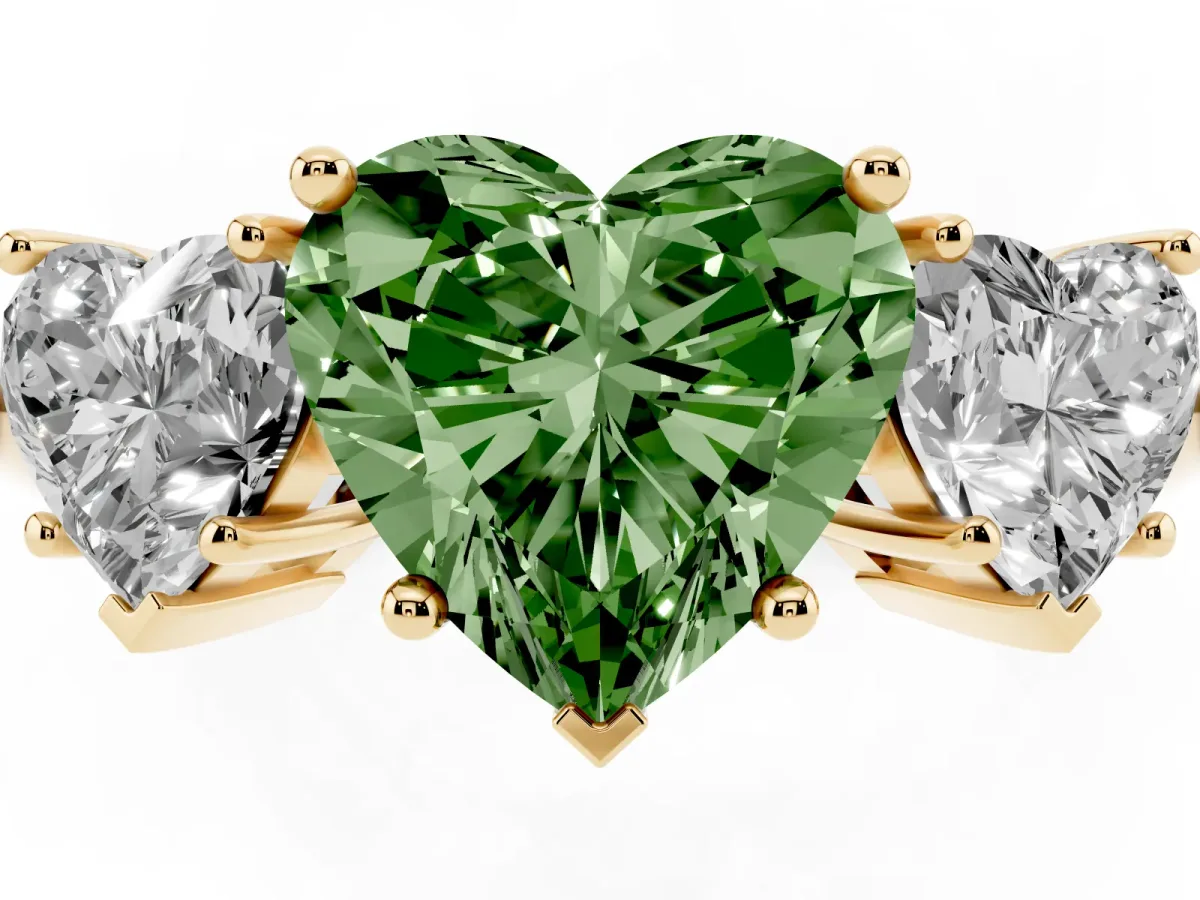 Fancy Green Three-Stone Heart Cut Cut Diamond Engagement Ring with Prong Setting on a White Gold Band Yellow gold