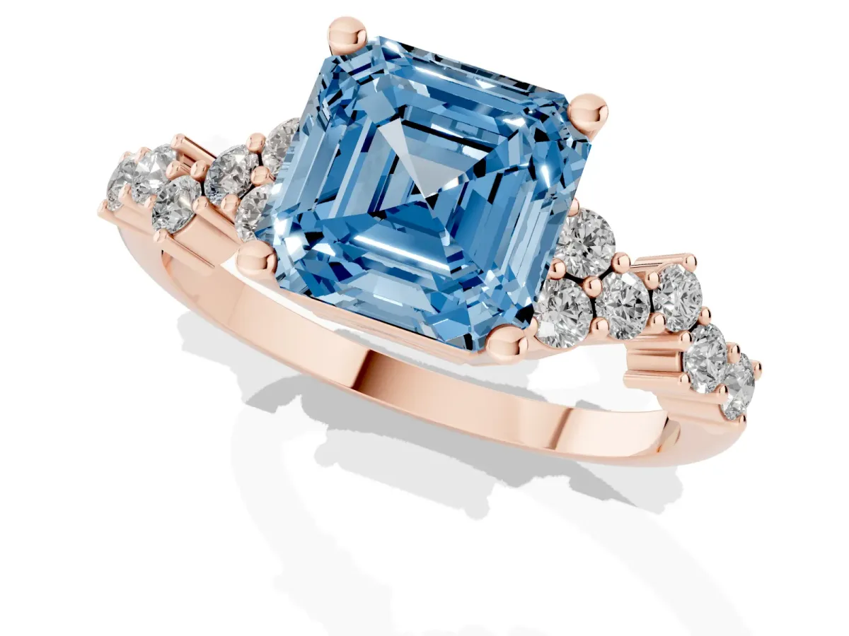 Fancy Blue Asscher Cut Diamond Scattered Round Accent Ring with Prong Setting Rose gold