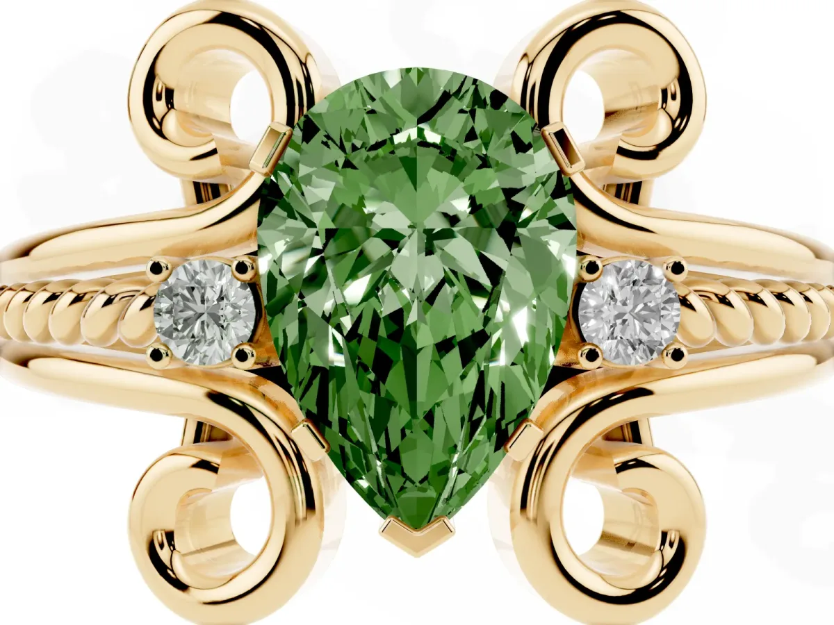 Fancy Green Pear Cut Solitaire Twisted Band Scroll Prong Ring Yellow gold