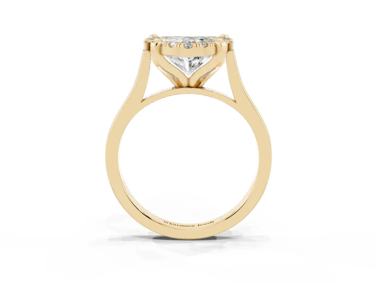 Heart Cut Diamond Cluster Halo Solitaire with Four-Prong Setting Yellow gold