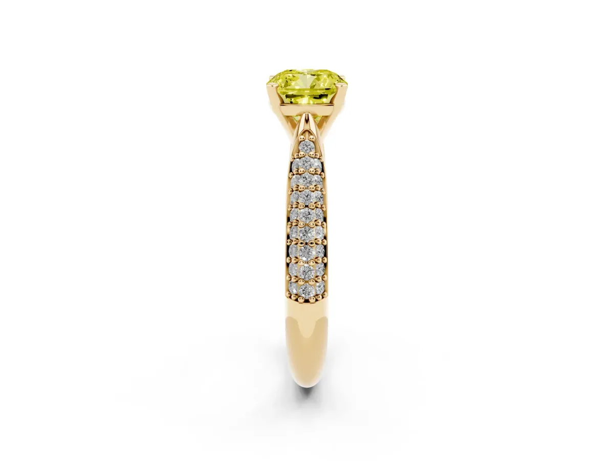 Fancy Yellow Cushion Cut Diamond Solitaire Engagement Ring with Multi-Row Round Pavé Band and Prong Setting Yellow gold