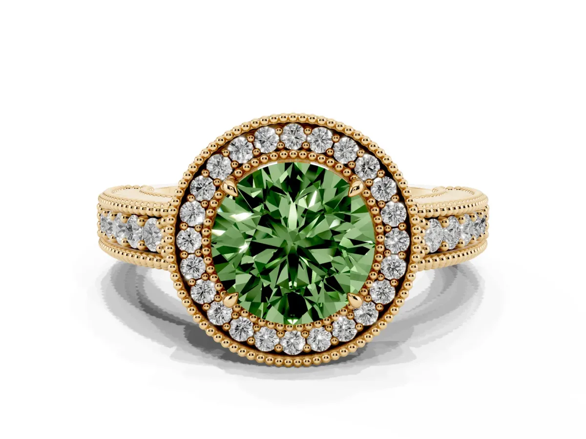 Fancy Green Round Cut Cut Halo Diamond Ring with Pavé Band and Four-Prong Setting Yellow gold