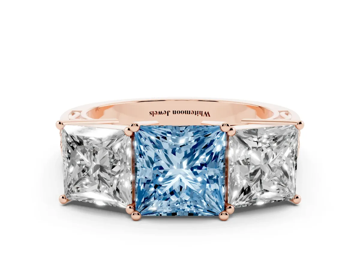 Fancy Blue Princess Cut Diamond Three-Stone Ring with Prong Setting and Textured Band Rose gold