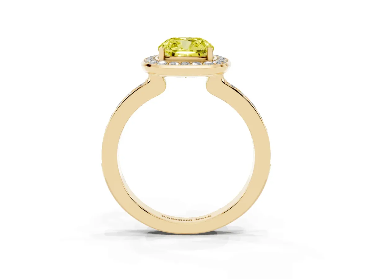 Fancy Yellow Cushion Cut Diamond Halo Ring with Bezel Frame and Pavé Band Yellow gold