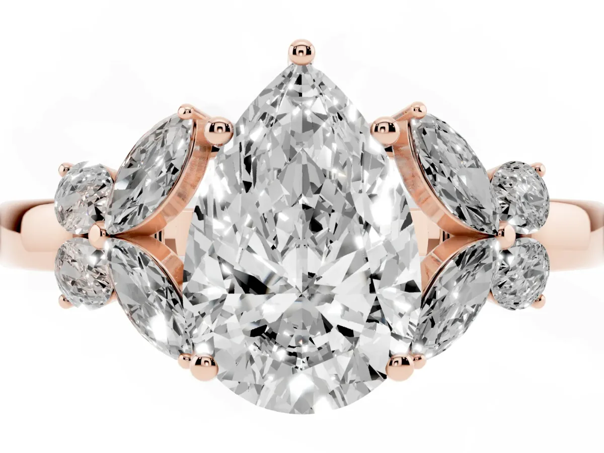 Pear Cut Cut Solitaire Floral Diamond Ring with Four-Prong Setting Rose gold