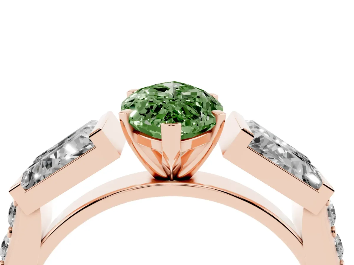 Fancy Green Marquise Cut Diamond Engagement Ring with Baguette Side Stones and Channel Set Band Rose gold