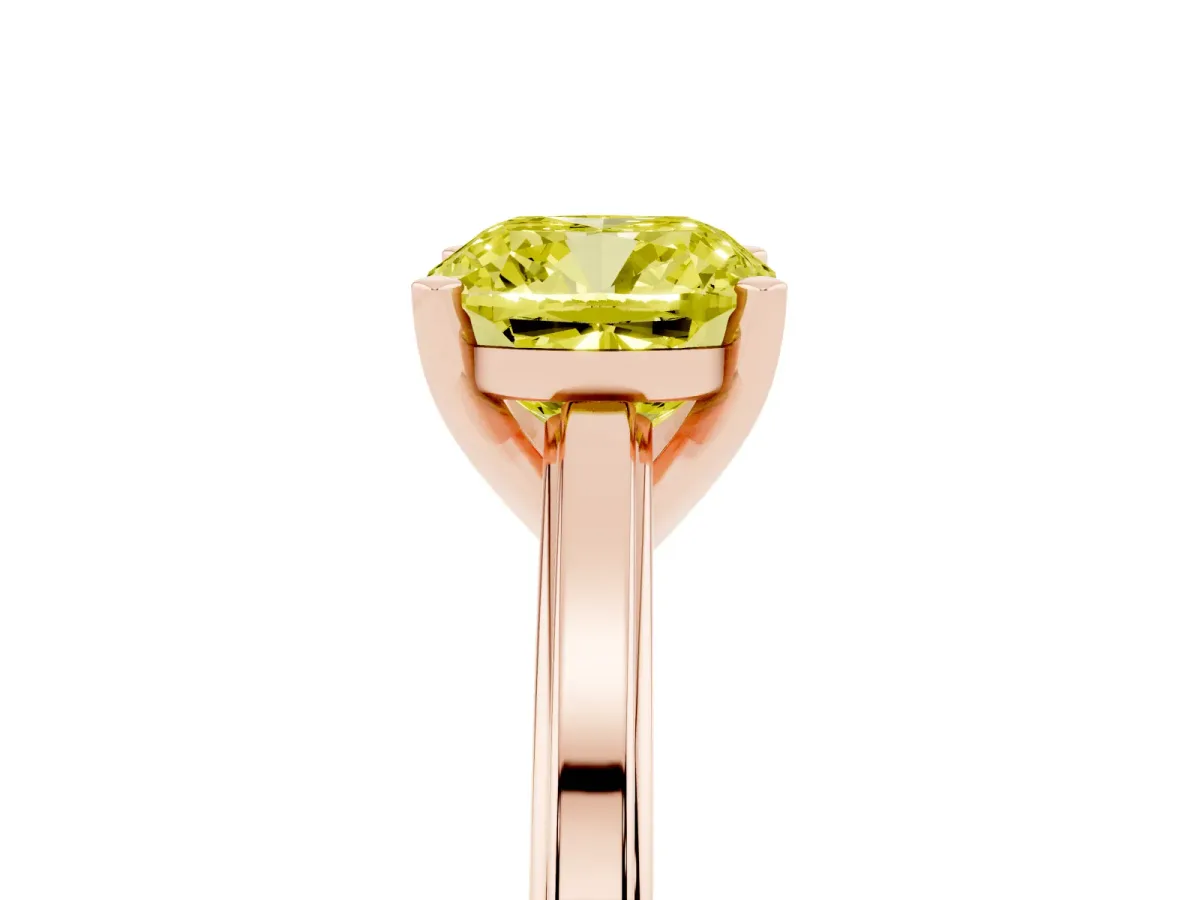 Fancy Yellow Cushion Cut Solitaire Diamond Ring with Four-Prong Setting and Classic Band Rose gold