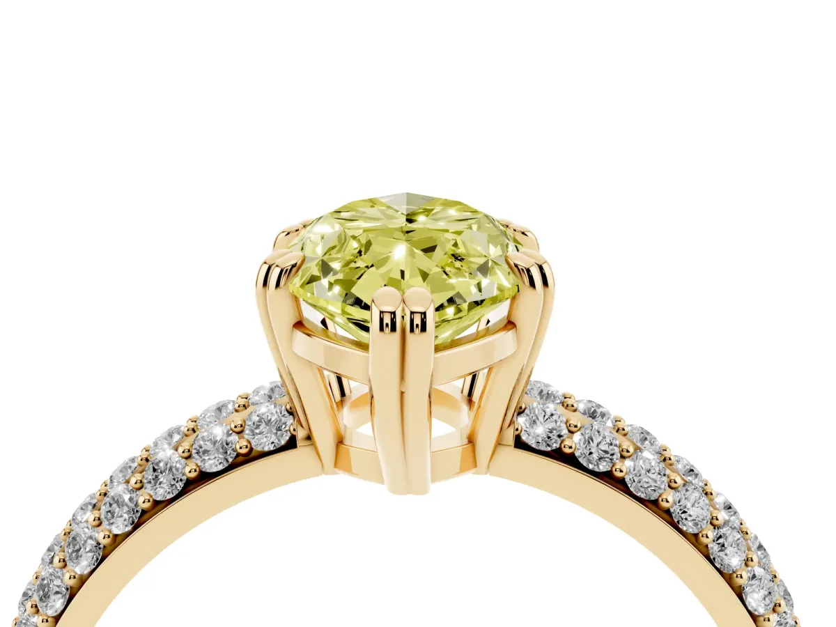 Fancy Yellow Marquise Cut Diamond Solitaire Ring with Multi-Row Round Pavé Band and Prong Setting Yellow gold