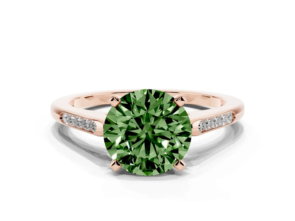 Fancy Green Round Cut Diamond Solitaire Ring with Channel Set Round Band and Prong Setting Rose gold