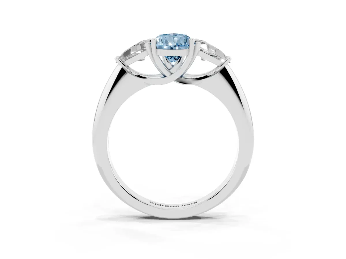 Fancy Blue Three-Stone Pear Cut Diamond Engagement Ring with Trillion Side Stones and Prong Setting Silver