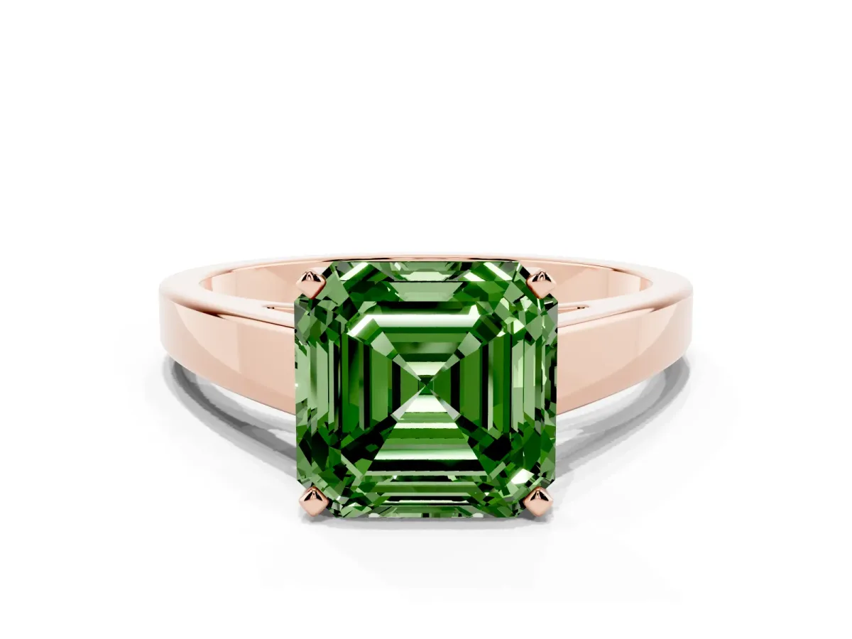 Fancy Green Asscher Cut Solitaire Engagement Ring with Four-Prong Setting and Tapered Band Rose gold
