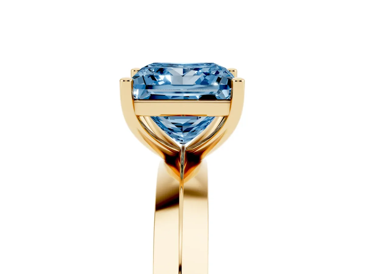 Fancy Blue Princess Cut Cut Solitaire Engagement Ring with Flat Band and Four-Prong Setting Yellow gold