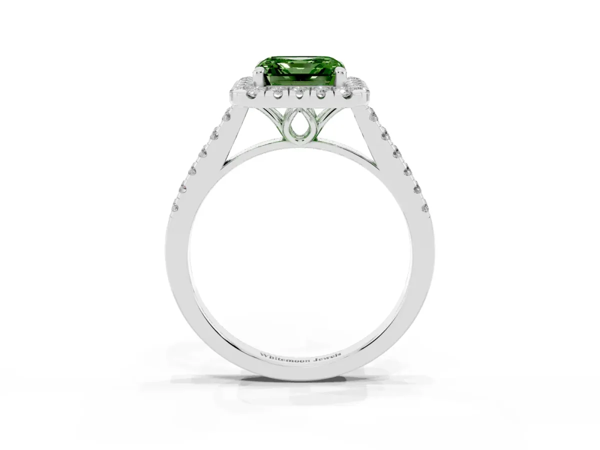 Fancy Green Asscher Cut Halo Pavé Diamond Engagement Ring with Four-Prong Setting Silver
