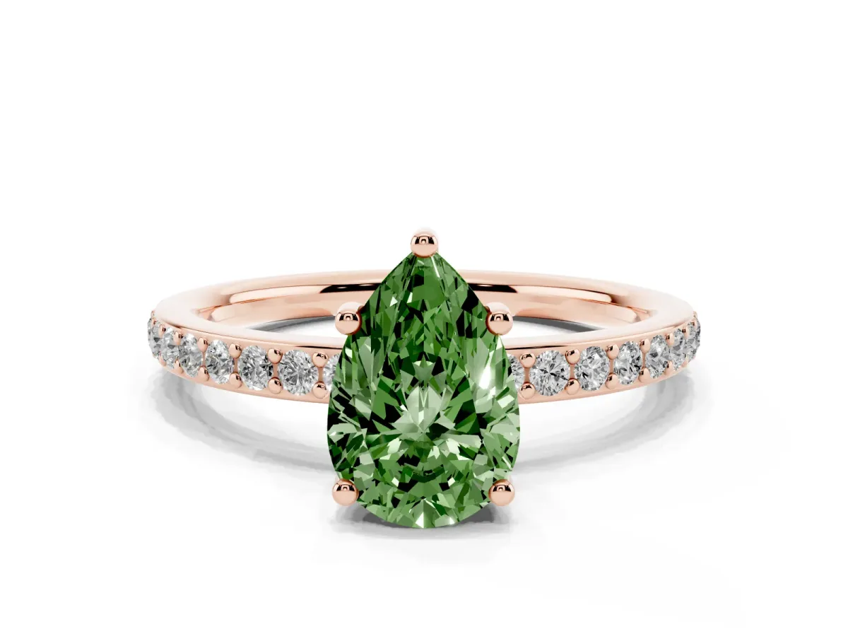 Fancy Green Pear Cut Cut Diamond Pavé Band Ring with Four-Prong Setting Rose gold