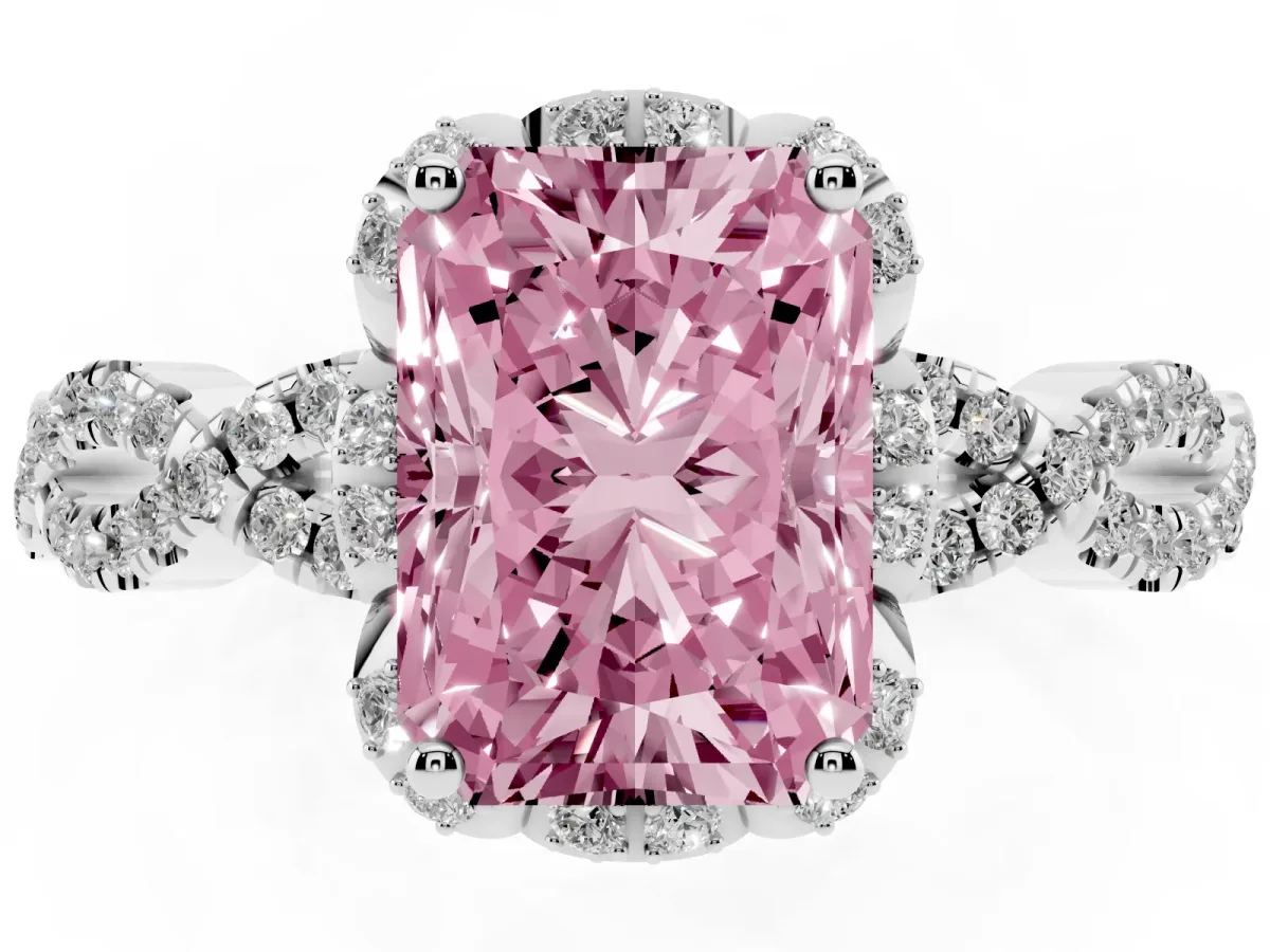 Fancy Pink Radiant Cut Halo Twist Band Solitaire Ring with Six-Prong Setting White gold