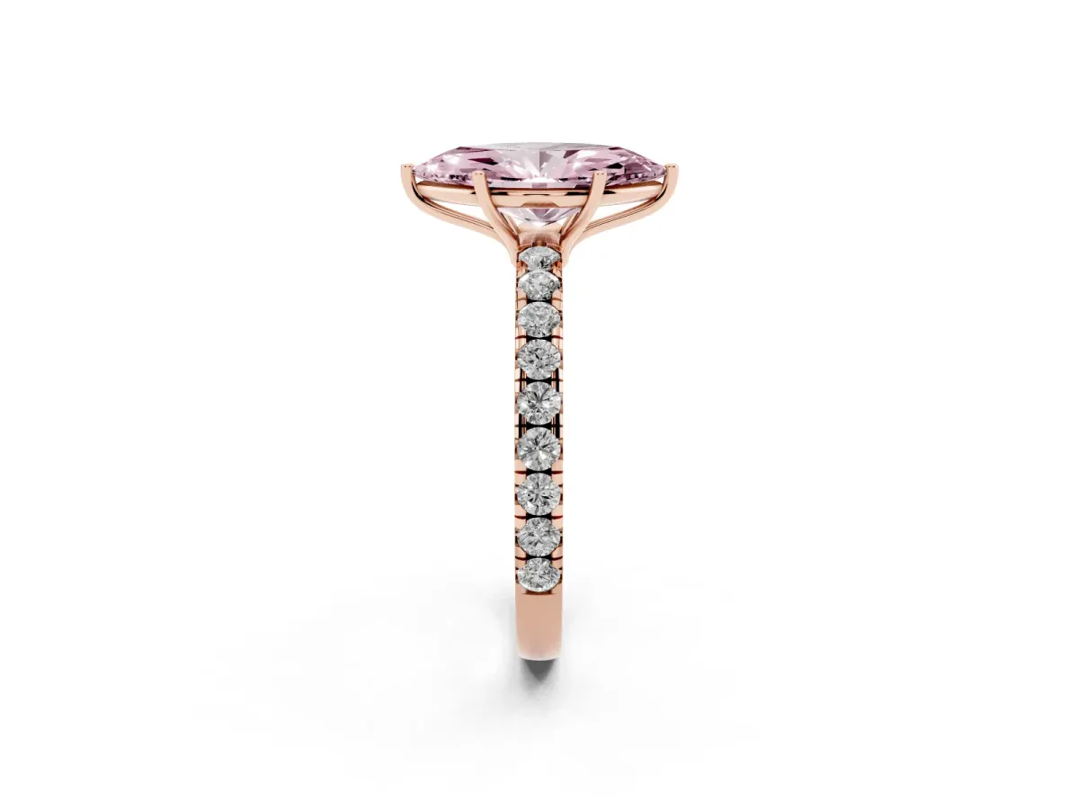Fancy Pink Marquise Cut Diamond Pavé Solitaire Engagement Ring with Four-Prong Setting Rose gold