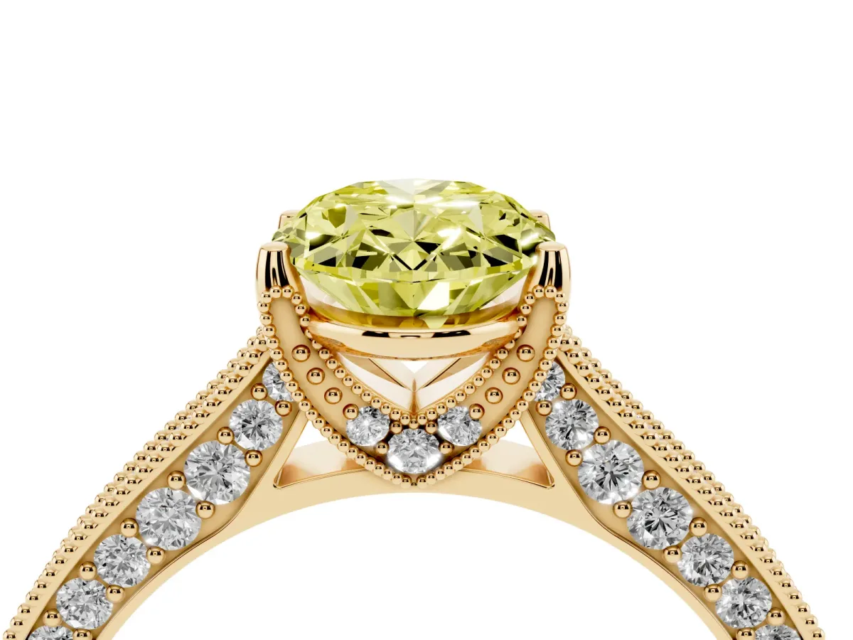 Fancy Yellow Oval Cut Cut Diamond Solitaire Ring with Milgrain Pave Band and Four Prong Setting Yellow gold