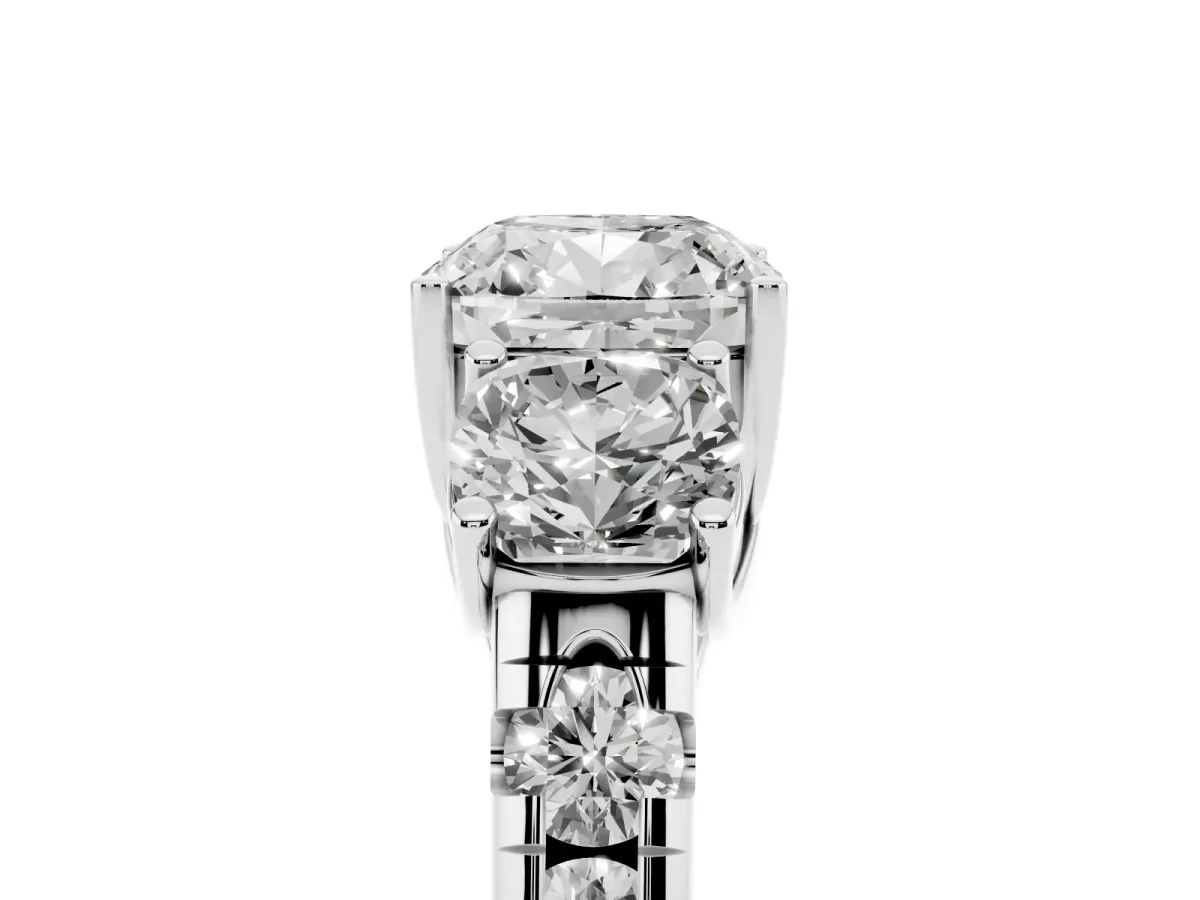 Three-Stone Cushion Cut Diamond Pavé Band with Prong Setting Platinum
