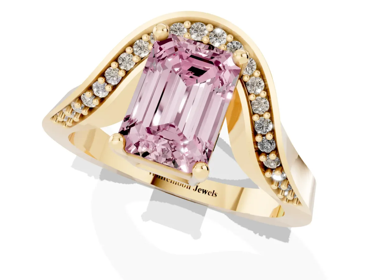 Fancy Pink Emerald Cut Solitaire Diamond Engagement Ring with Pave Band and Four-Prong Setting Yellow gold
