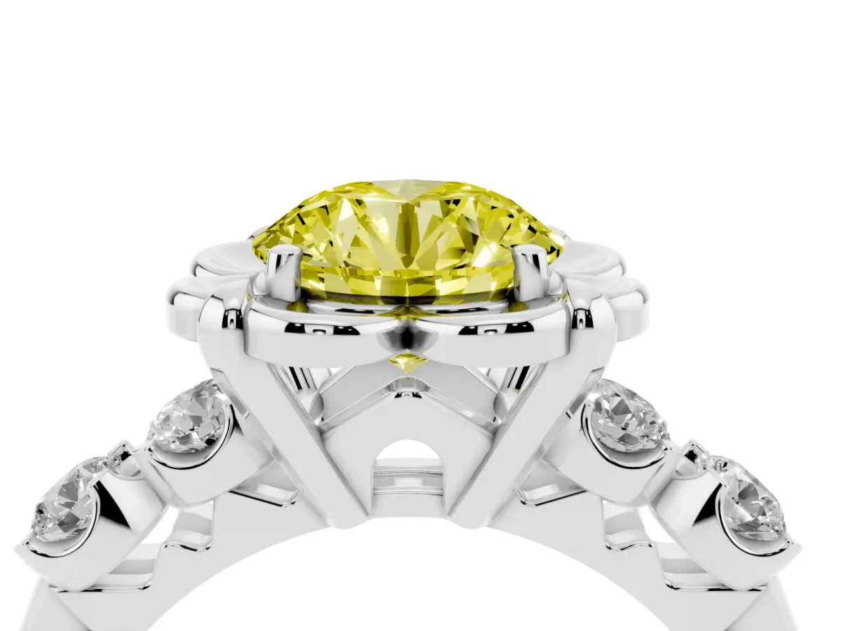 Fancy Yellow Round Cut Cut Diamond Floral Halo Engagement Ring with Shared Prong Setting Silver