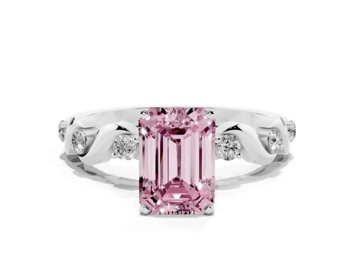 Fancy Pink Emerald Cut Diamond Solitaire Twisted Band with Round Accents and Prong Setting Silver