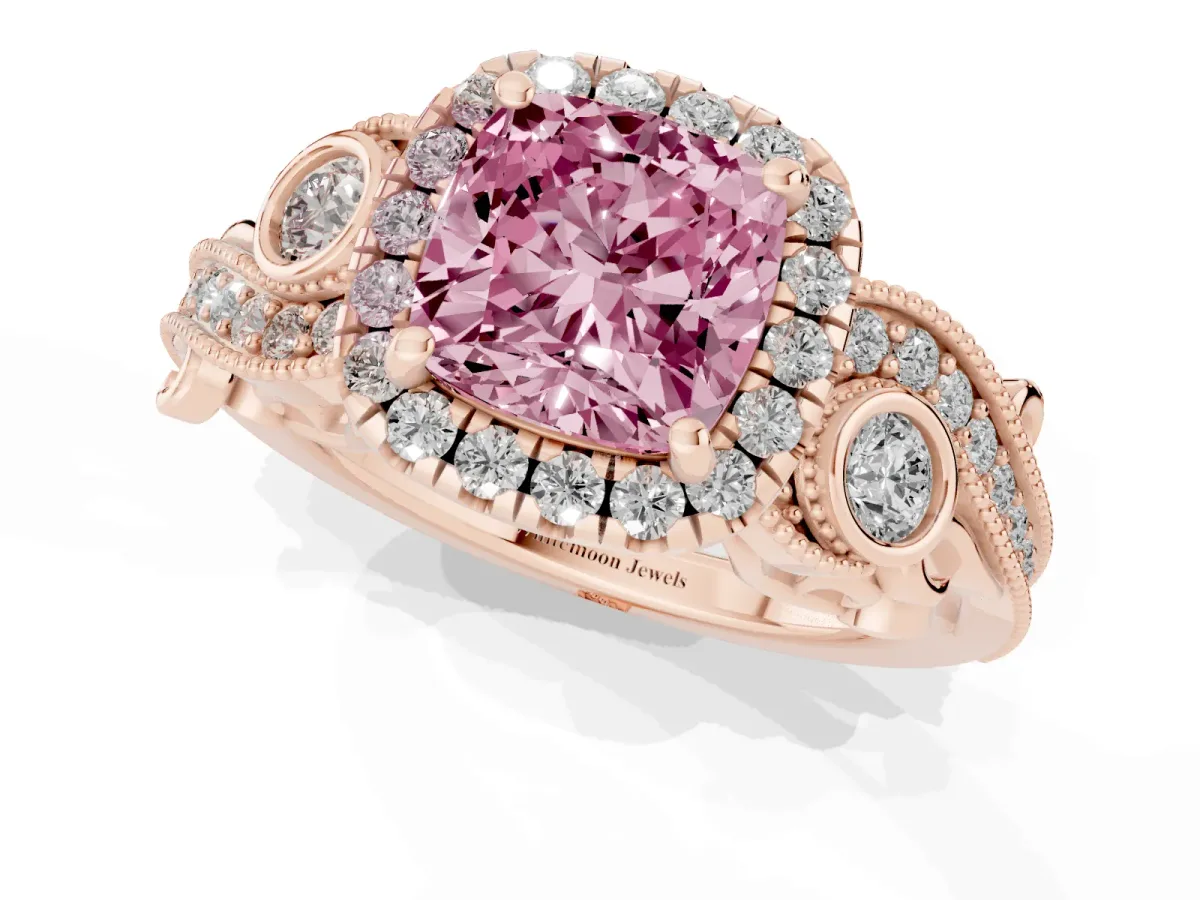Fancy Pink Cushion Cut Halo Diamond Ring with Milgrain and Bezel Accents on a Split Shank Band Rose gold