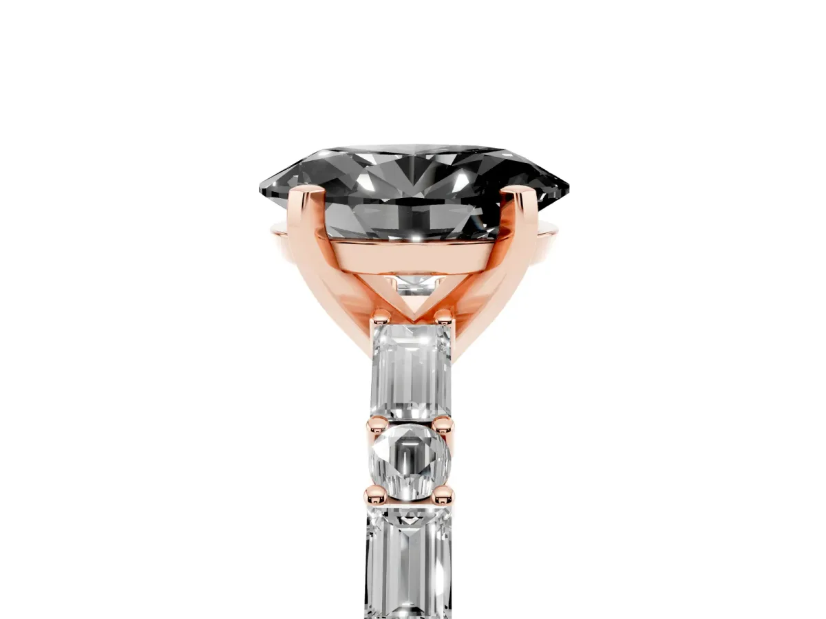 Fancy Black Oval Cut Diamond Solitaire with Side Baguettes and Channel Set Band Rose gold