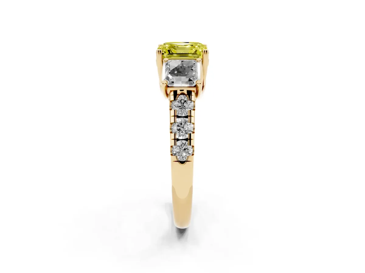 Fancy Yellow Three-Stone Asscher Cut Diamond Pavé Band with Prong Setting Yellow gold