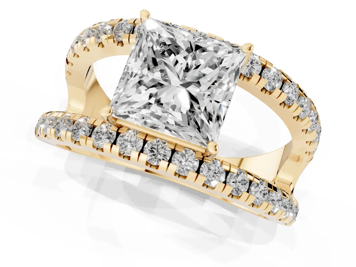 Princess Cut Solitaire Split Shank Pave Diamond Ring Yellow gold