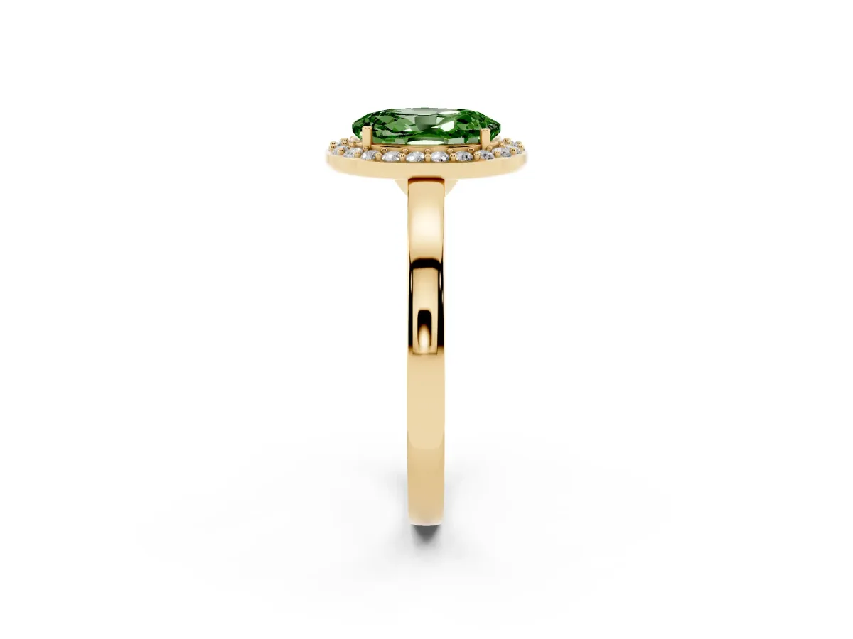 Fancy Green Oval Cut Halo Diamond Ring with Solitaire Band and Prong Setting Yellow gold