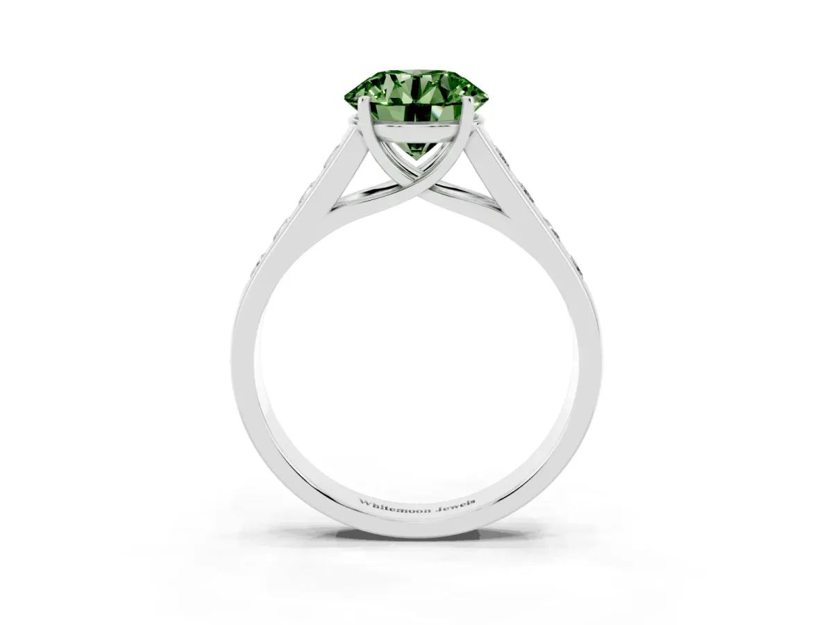Fancy Green Round Cut Brilliant Channel-Set Solitaire Ring with Four-Prong Setting Silver