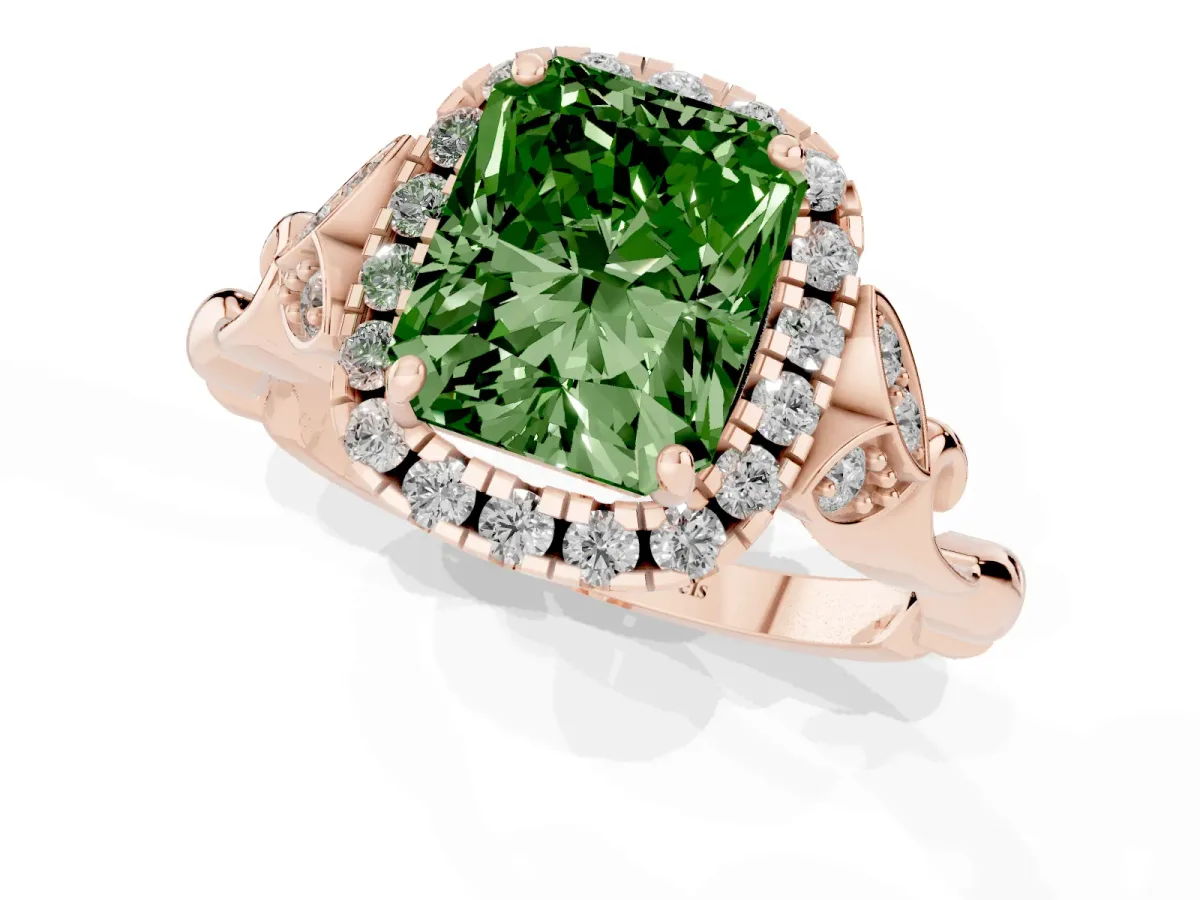 Fancy Green Radiant Cut Halo Diamond Engagement Ring with Vintage-Inspired Band and Four-Prong Setting Rose gold