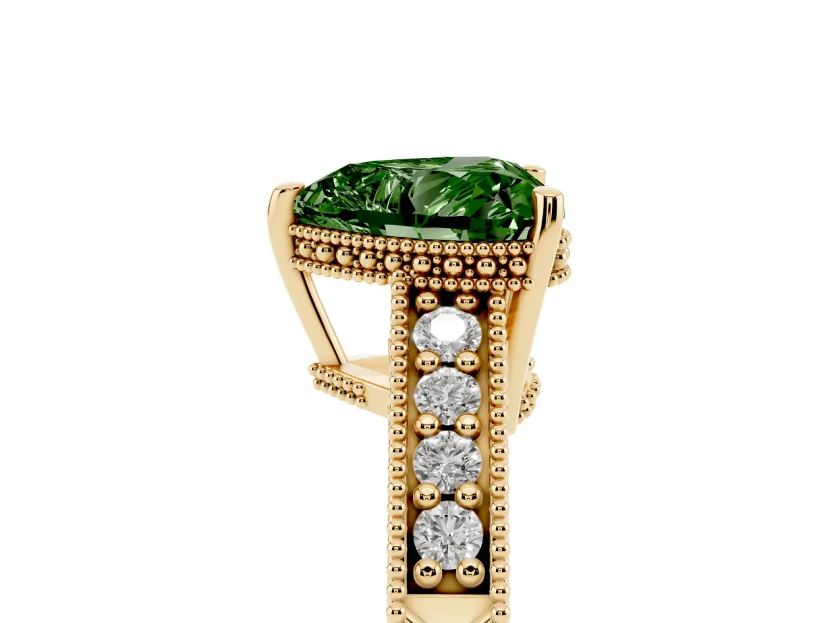 Fancy Green Heart Cut Solitaire Pavé Diamond Milgrain Engagement Ring with Four-Prong Setting Yellow gold
