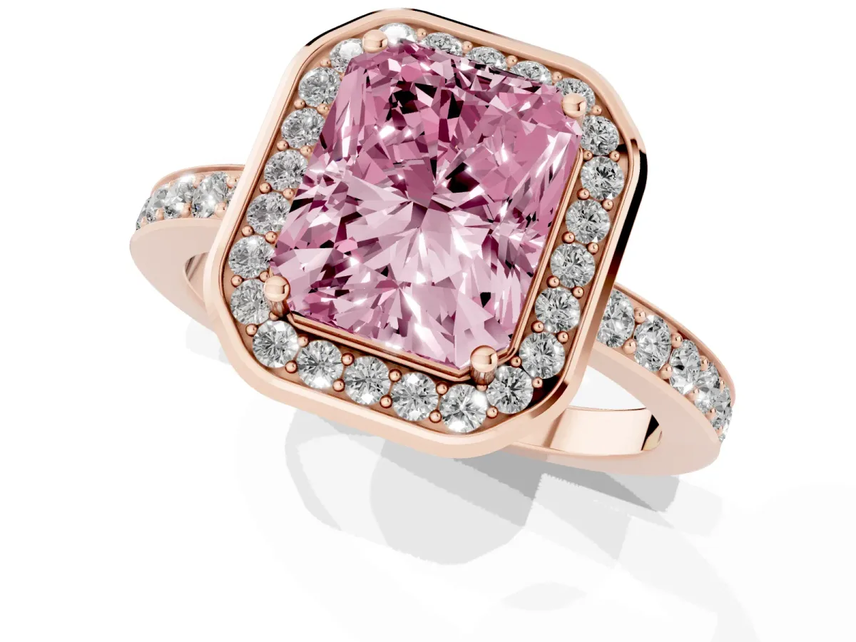Fancy Pink Radiant Cut Diamond Halo Ring with Bezel Frame and Pavé Band Rose gold