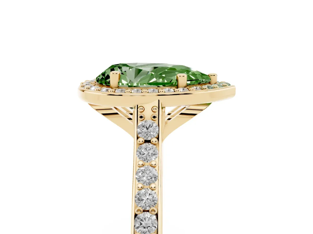 Fancy Green Pear Cut Diamond Halo Engagement Ring with Round Pavé Shoulders and Prong Setting Yellow gold