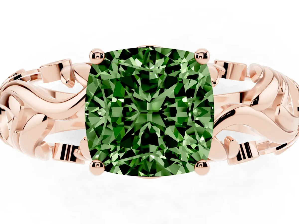 Fancy Green Cushion Cut Solitaire Diamond Leaf-Inspired Vine Band Ring with Prong Setting Rose gold