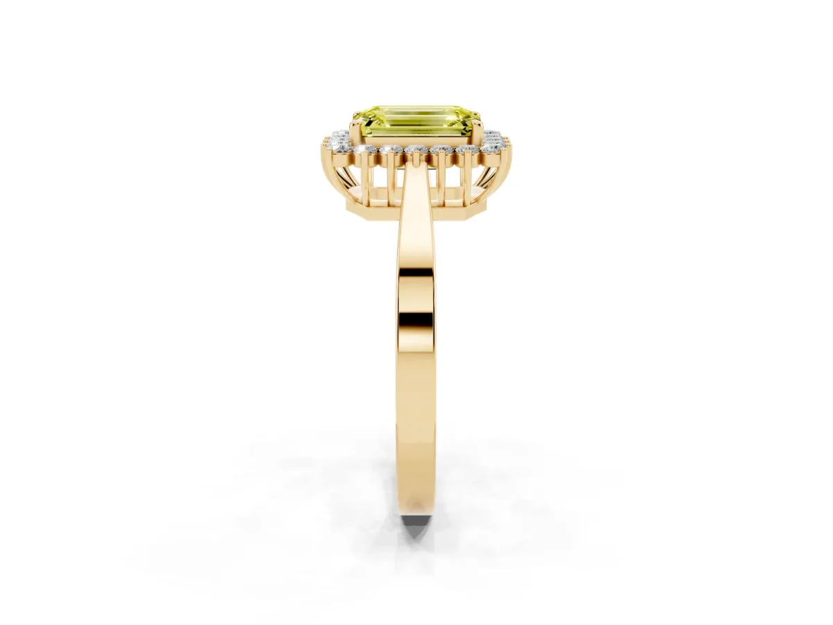 Fancy Yellow Emerald Cut Cut Diamond Halo Ring with Round Brilliant Halo and Solitaire Band Yellow gold